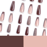 VIBEFICANT GLAZE Brown  Long Coffin Glitter French Tip  Press on Nails